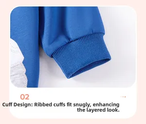Detail of blue cotton ribbed knit cuffs on boys' sweatshirt with elastic structure