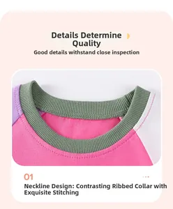 Detailed macro view of girls cotton dress featuring green ribbed contrast neckline and stitching