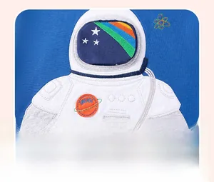 Close-up of baby boy navy blue sweatshirt with astronaut applique embroidery and stars