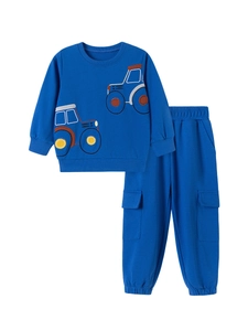 Chándal azul para niño con bordado de tractor y pantalones cargo de algodón suave