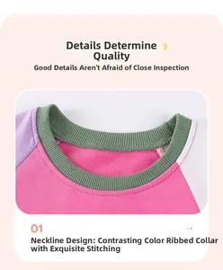 Detailed close-up of girls' colorful cotton sweatshirt neckline with ribbed collar