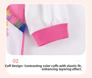 Detail view of white cotton sleeve with pink ribbed cuff and colorful tassel trim
