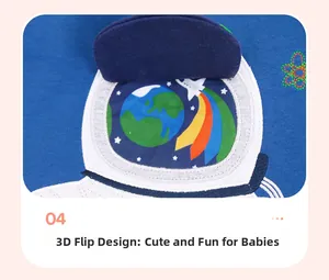 Close-up of boys sweatshirt featuring a 3D astronaut flip flap with detailed space prints