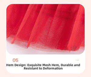 Detail of red tiered mesh tulle hem showing fine texture and durable layers for girls' dress