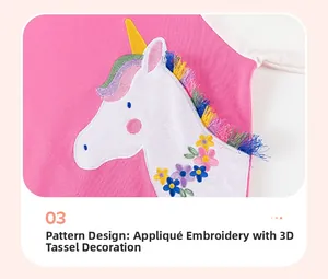 Detailed view of unicorn applique with colorful fringe on girl cotton knit top