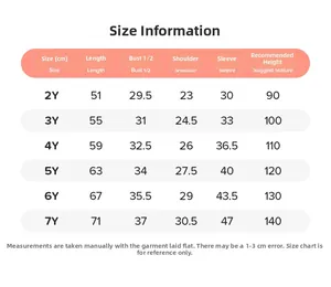 Size chart table for girls long sleeve cartoon dress from 2Y to 7Y with detailed measurements