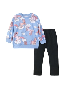 Set bambina a maniche lunghe con felpa blu unicorno e pantaloni neri elasticizzati