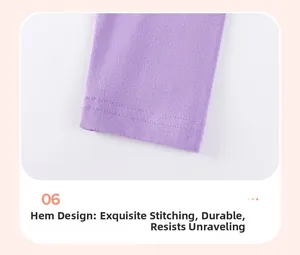 Detailed macro view of girls purple knit trousers showing high-quality double-stitch hems