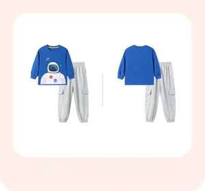 Front and back view of blue astronaut sweatshirt and grey cargo joggers set