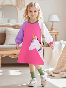 Girls Long Sleeve Cotton Dress Unicorn Applique Colorful Tassel Patchwork Pink Purple White Toddler Casual Party Dress