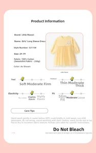 Größentabelle und Details des langärmeligen Baumwollkleids mit rosa Cartoon-Mesh-Design