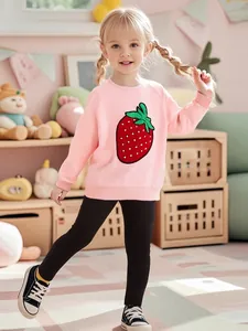 Ensemble Sweat-shirt en Coton Automne Décontracté pour Filles Top Rose Broderie Fraise et Pantalon Noir pour Enfants