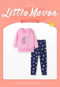 Detail of pink toddler sweatshirt with ruffle collar and navy hedgehog print trousers