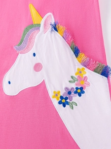 Pink long sleeve cotton girl dress with colorful embroidered unicorn and tassel details
