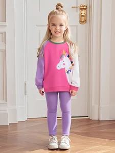 Girls Casual Cotton Clothing Set Unicorn Appliqué Embroidery Long Sleeve Top And Pants Patchwork Autumn Children Outfit