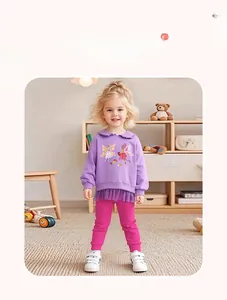 Detail of girls' lilac fairy print sweatshirt with ruffle collar and pink leggings