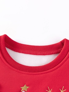 Girls' red fleece-lined Christmas dress featuring a golden sequin star and festive embroidery