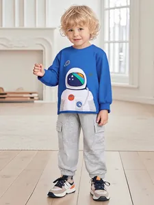 Boys Astronaut Applique Long Sleeve Pullover Sweatshirt Or Grey Cargo Jogger Pants Casual Childrens Cotton Clothing Set