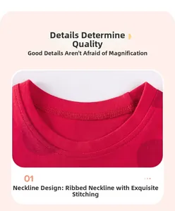 Détail du col rond côtelé et de la couture double sur le haut rouge en coton pour fille