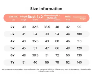 Detailed size chart for girls clothing sets with measurements from 2Y to 7Y in cm