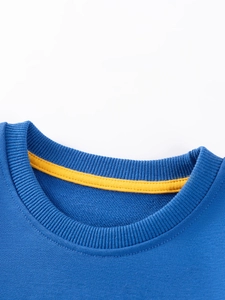 Navy blue cotton sweatshirt for boys featuring a ribbed crew neck and yellow inner tape