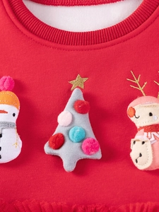 Girl's red Christmas dress with 3D snowman and sequin tree embroidery