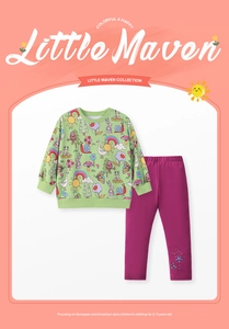 Detail of girls cartoon outfit with mint green sweatshirt and purple pants for ages 2-7