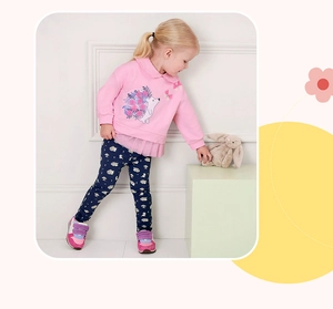 Detail of pink embroidered sweatshirt with Peter Pan collar and hedgehog print leggings