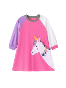 Pink cotton long sleeve girl's dress with unicorn patch and colorful contrast sleeves