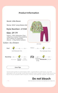 Detailed material specifications and care instructions for girls' two-piece cartoon set