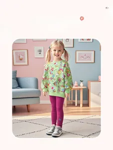 Detail of girl's cartoon print green sweatshirt and purple leggings outfit set