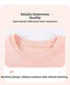Detail of pink cotton toddler sweatshirt showing ribbed neck and premium flatlock seams