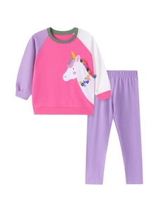 Girl's 2-piece cotton outfit with unicorn embroidery and purple knit trousers