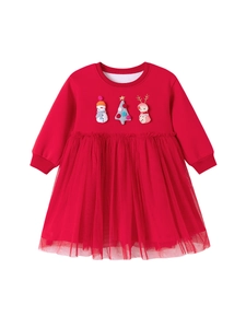 Christmas toddler dress in red with plush snowman embroidery and layered tulle skirt