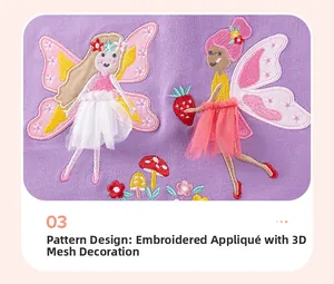 Detail of fairy embroidery with 3D mesh tulle and mushroom patterns on purple kids' garment