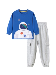 Boys blue sweatshirt with astronaut patch and grey cargo jogger pants two-piece set