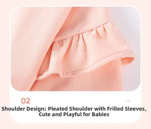 Detail view of pink cotton baby top with ruffled shoulder sleeve and pleated design