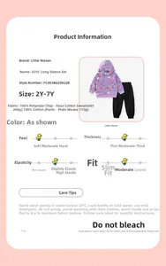 Detailed fabric chart for girls hooded sweatshirt and pants set with washing guide