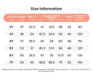 Detailed size chart for girls cartoon clothing set showing measurements for ages 2Y to 7Y