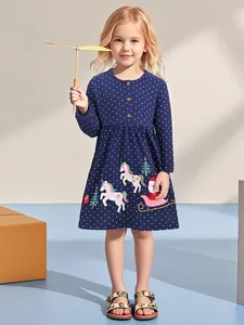 Vestito di Natale da Ragazza a Manica Lunga Blu Marino a Pois in Cotone Con Ricamo Babbo Natale Unicorno Per Bambini Autunno Casual Abbigliamento Festivo