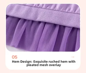 Detailed view of girls purple dress featuring ribbed knit hem and ruffled mesh stitching