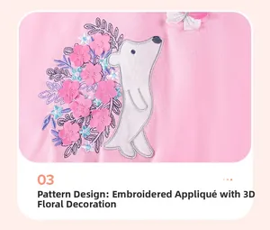 Detail of pink knitted girl outfit with 3D fabric flowers and embroidery applique