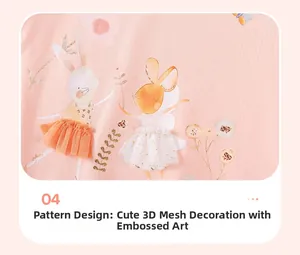 Detail of pink girls' outfit featuring rabbit print with 3D mesh tulle skirt and flowers