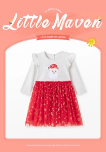 Christmas girl dress with Santa pattern, gray top and red snowflake tulle skirt