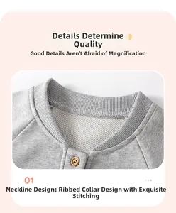 Detail of gray knit sweater with rib neck, wooden button and precise stitching