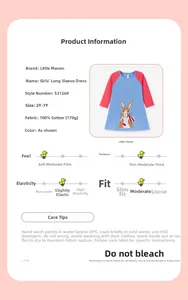 Detailed size and material specifications for girls cotton dress with rabbit print