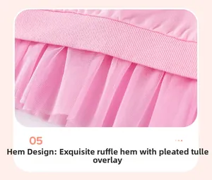 Detail of pink cotton ribbed hem with layered pleated mesh tulle for toddler set
