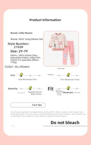 Detailed view of girls striped Christmas set showing fabric info and reindeer embroidery