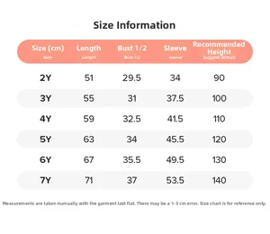 Size information chart for girls long sleeve cartoon dress from 2Y to 7Y with measurements