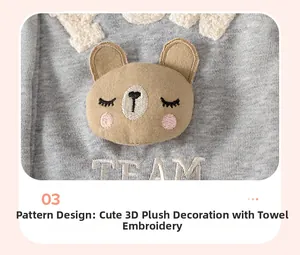 Detail of gray knit fabric featuring brown 3D bear decoration and soft towel embroidery